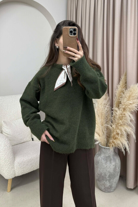 SCARF DETAIL ONE COLOR WOMEN SWEATER GREEN/JESHILE - 3