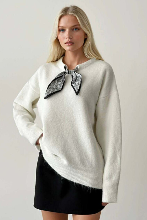 SCARF DETAIL ONE COLOR WOMEN SWEATER WHITE-E BARDHE - KLAUDIO FASHION