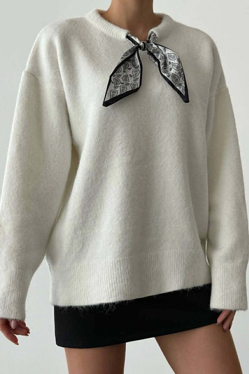 SCARF DETAIL ONE COLOR WOMEN SWEATER WHITE-E BARDHE - 2
