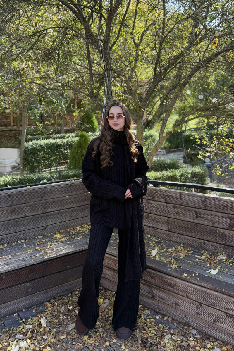 SCARF+SWEATER+TROUSERS BRAIDS KNIT WOMEN SET BLACK/ E ZEZE - 1