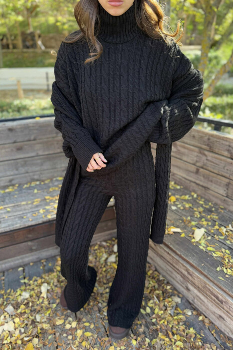 SCARF+SWEATER+TROUSERS BRAIDS KNIT WOMEN SET BLACK/ E ZEZE - 4