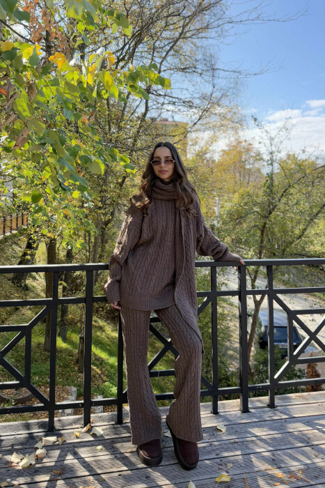 SCARF+SWEATER+TROUSERS BRAIDS KNIT WOMEN SET BROWN/KAFE - 1