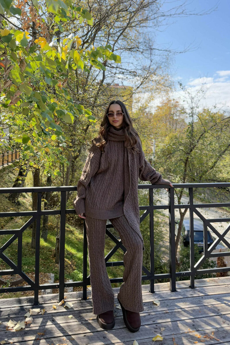 SCARF+SWEATER+TROUSERS BRAIDS KNIT WOMEN SET BROWN/KAFE - 1