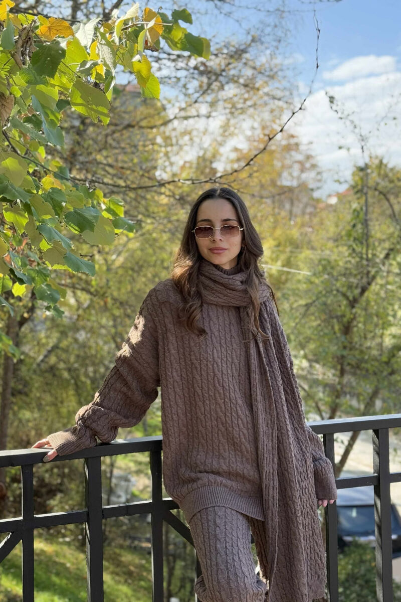 SCARF+SWEATER+TROUSERS BRAIDS KNIT WOMEN SET BROWN/KAFE - 2