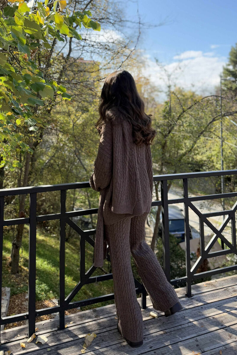 SCARF+SWEATER+TROUSERS BRAIDS KNIT WOMEN SET BROWN/KAFE - 3