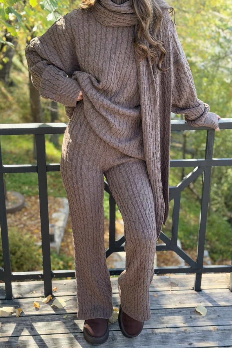 SCARF+SWEATER+TROUSERS BRAIDS KNIT WOMEN SET BROWN/KAFE - 4