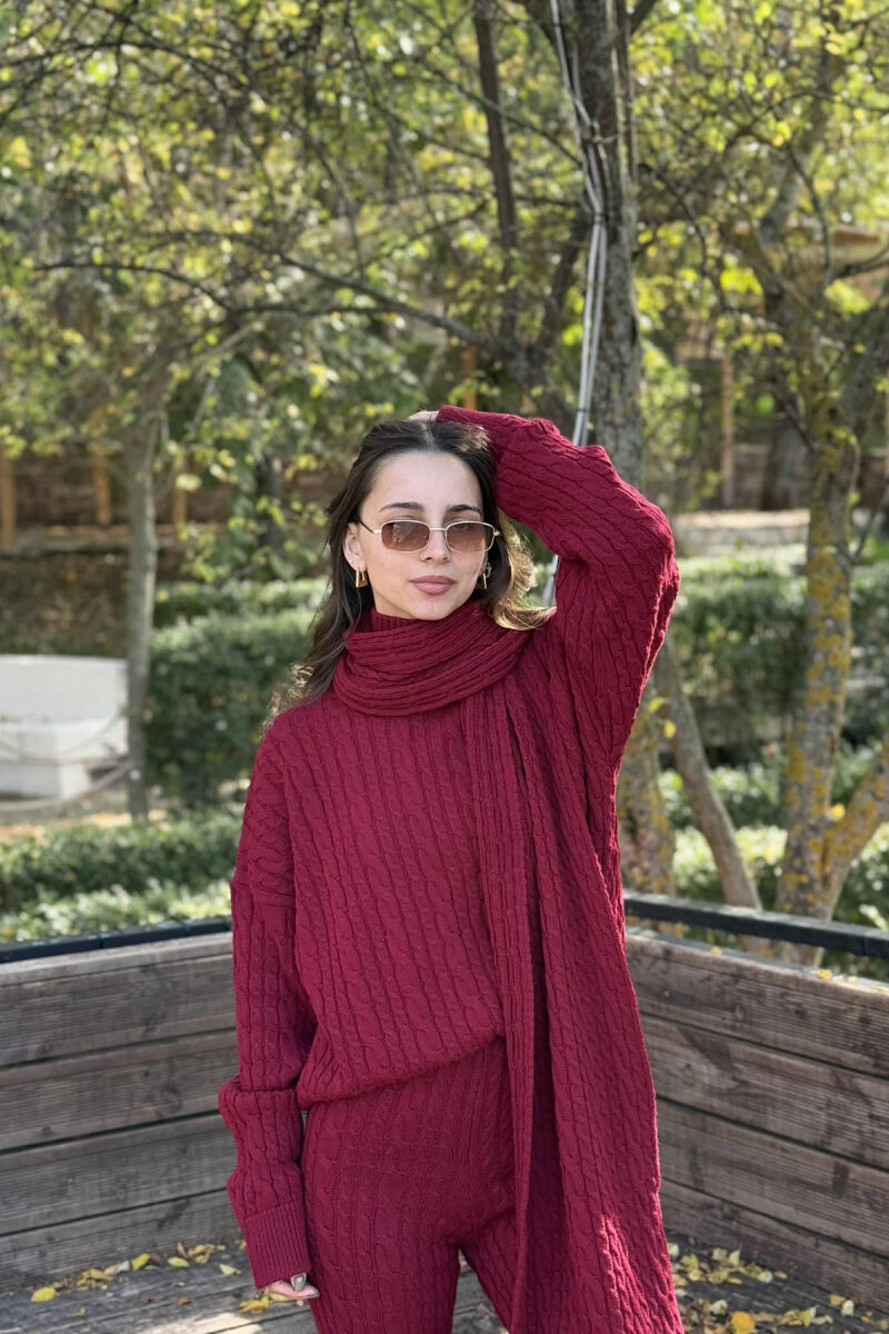SCARF+SWEATER+TROUSERS BRAIDS KNIT WOMEN SET BURGUNDY/VISHNJE - 2
