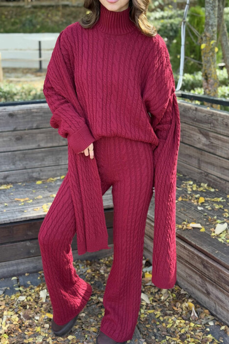 SCARF+SWEATER+TROUSERS BRAIDS KNIT WOMEN SET BURGUNDY/VISHNJE - 4