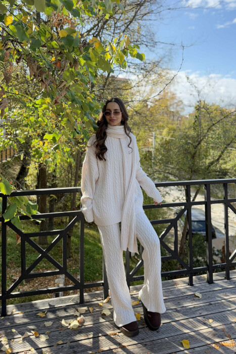 SCARF+SWEATER+TROUSERS BRAIDS KNIT WOMEN SET CREAM/KREM - 1
