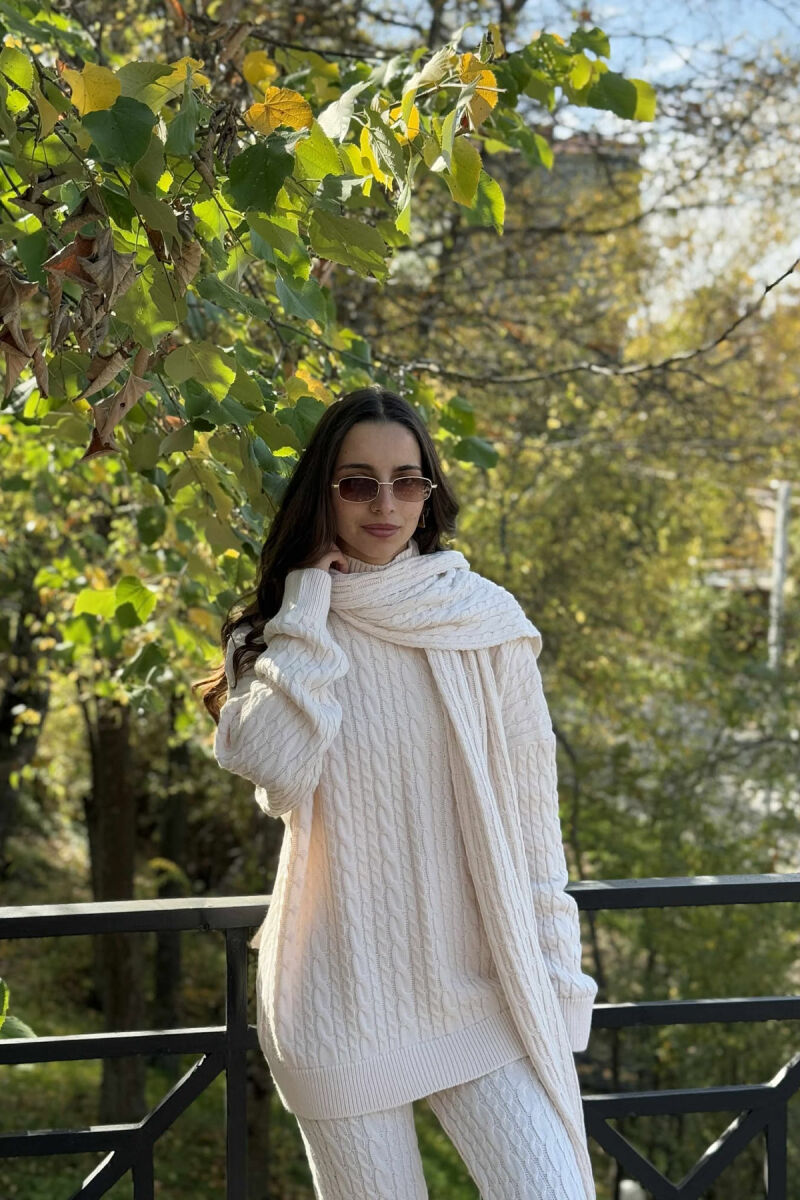 SCARF+SWEATER+TROUSERS BRAIDS KNIT WOMEN SET CREAM/KREM - 2