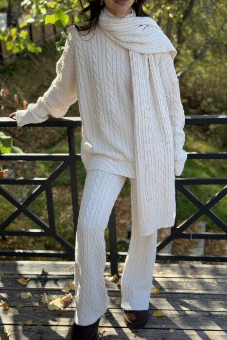 SCARF+SWEATER+TROUSERS BRAIDS KNIT WOMEN SET CREAM/KREM - 4