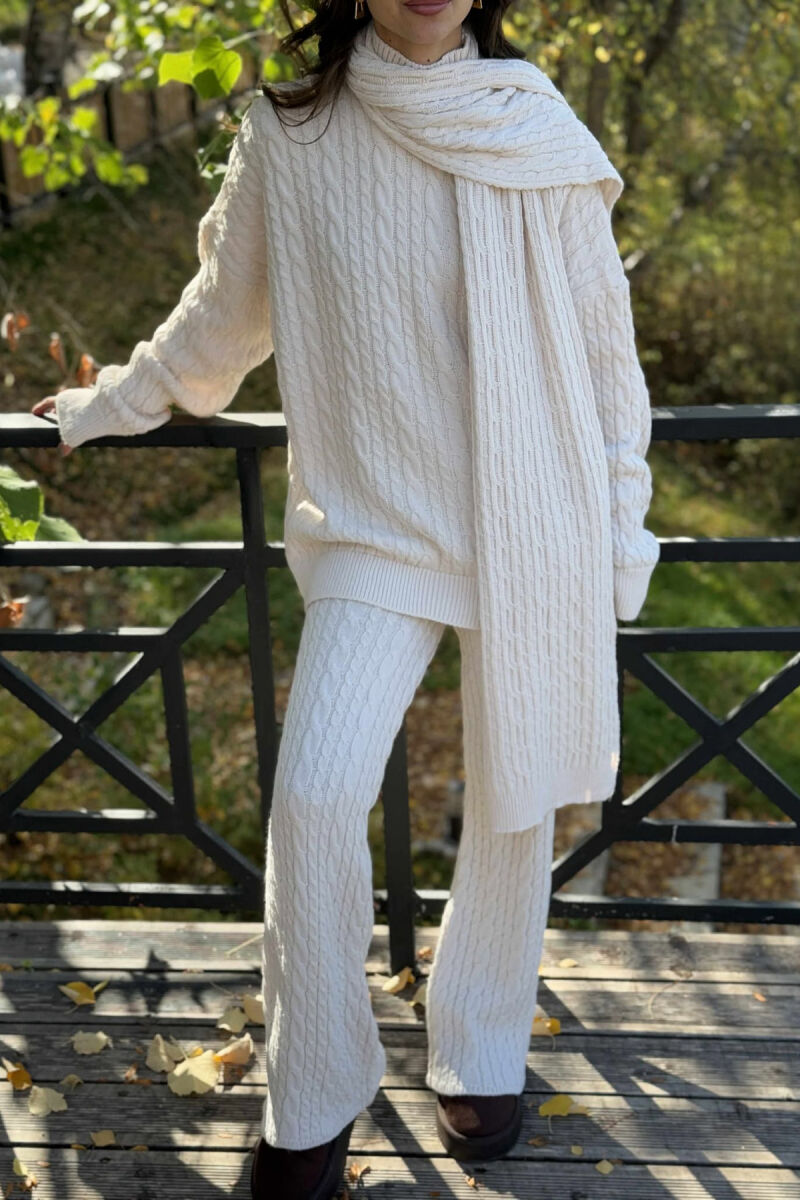 SCARF+SWEATER+TROUSERS BRAIDS KNIT WOMEN SET CREAM/KREM - 4