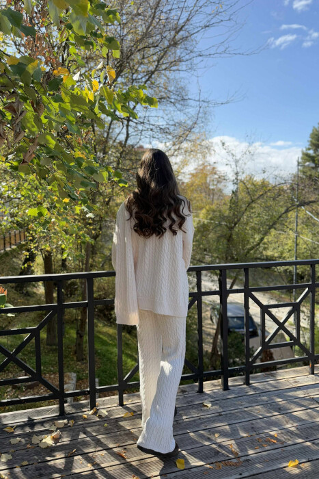 SCARF+SWEATER+TROUSERS BRAIDS KNIT WOMEN SET CREAM/KREM - 3