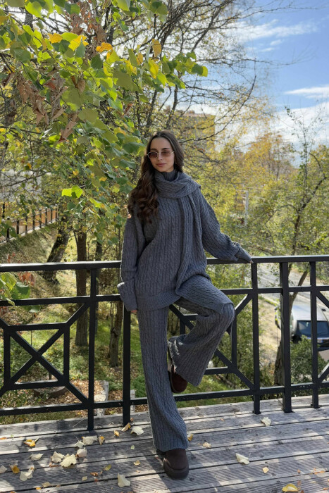 SCARF+SWEATER+TROUSERS BRAIDS KNIT WOMEN SET GREY/GRI - 1