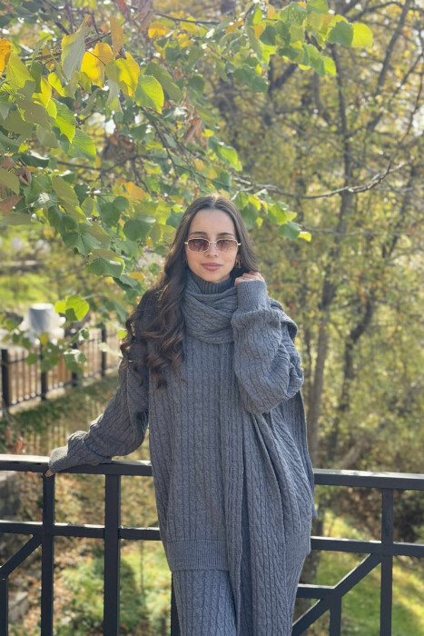 SCARF+SWEATER+TROUSERS BRAIDS KNIT WOMEN SET GREY/GRI - 2