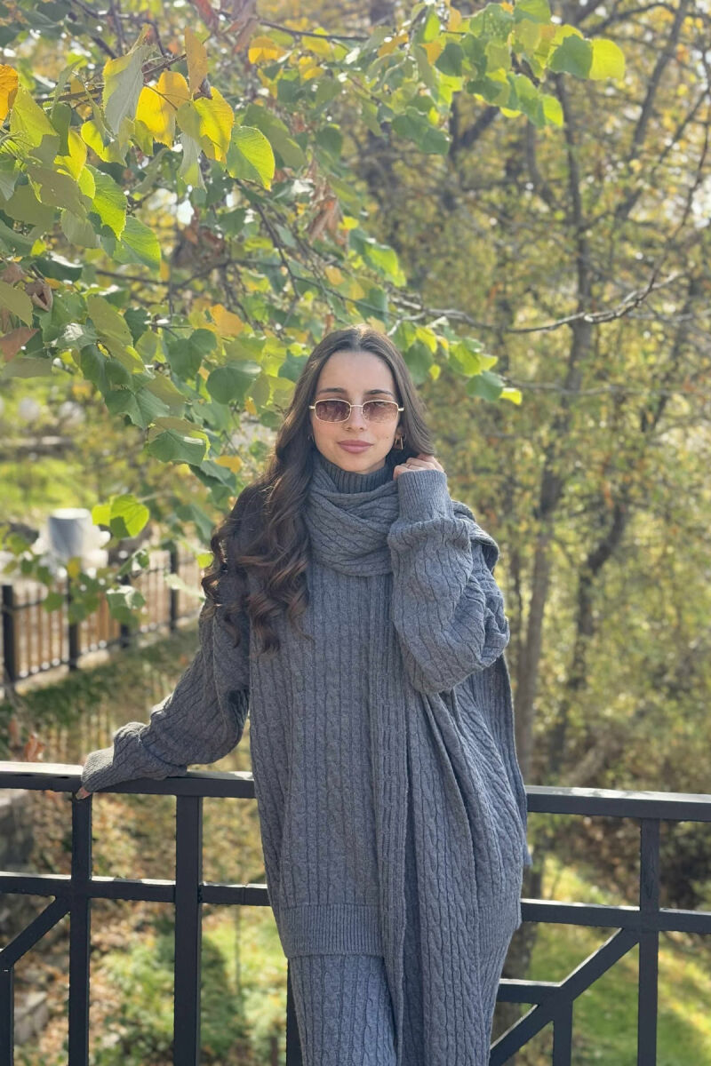 SCARF+SWEATER+TROUSERS BRAIDS KNIT WOMEN SET GREY/GRI - 2