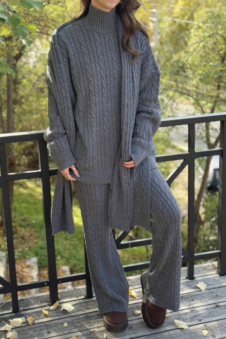 SCARF+SWEATER+TROUSERS BRAIDS KNIT WOMEN SET GREY/GRI - 4