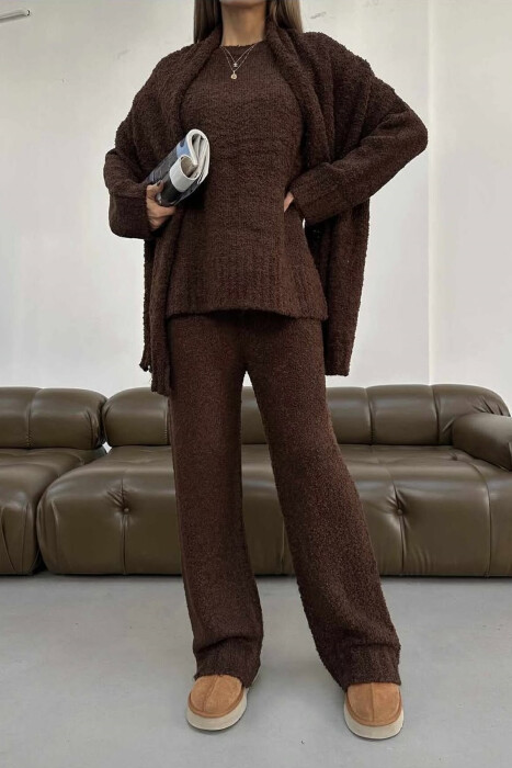 SCARF+SWEATER+TROUSERS THREE PIECE KNIT WOMEN SET BROWN/KAFE 