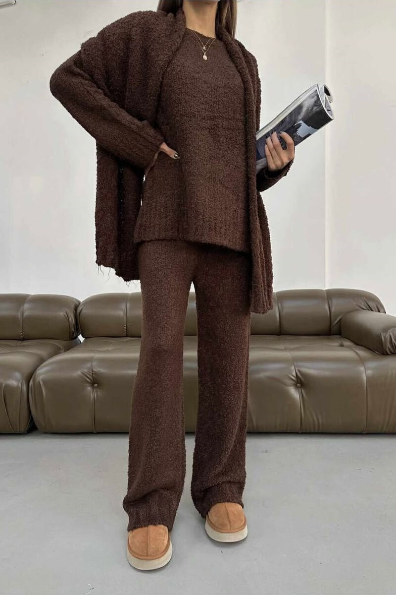 SCARF+SWEATER+TROUSERS THREE PIECE KNIT WOMEN SET BROWN/KAFE - 2