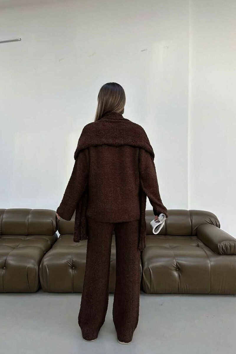 SCARF+SWEATER+TROUSERS THREE PIECE KNIT WOMEN SET BROWN/KAFE - 3