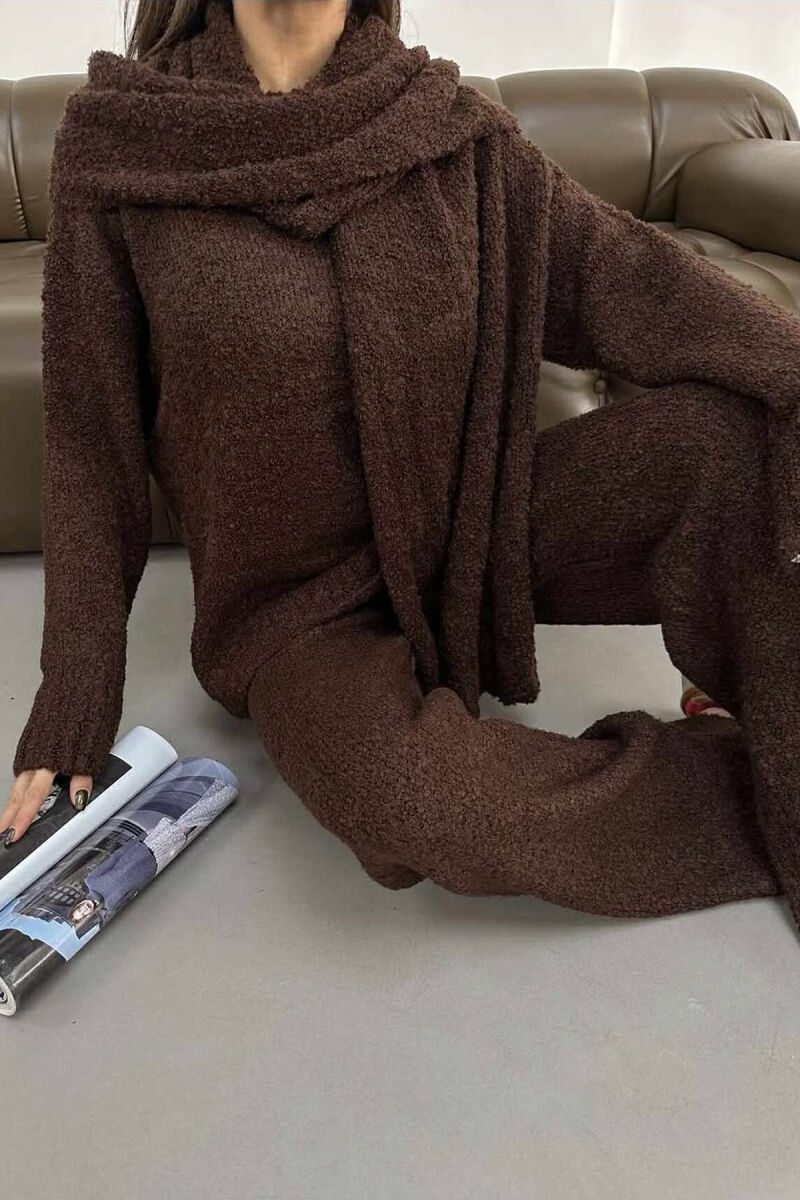 SCARF+SWEATER+TROUSERS THREE PIECE KNIT WOMEN SET BROWN/KAFE - 4