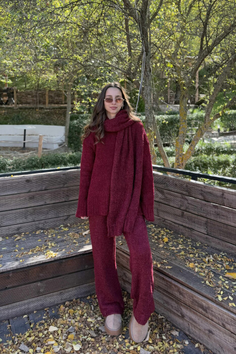 SCARF+SWEATER+TROUSERS THREE PIECE KNIT WOMEN SET BURGUNDY/VISHNJE - 1
