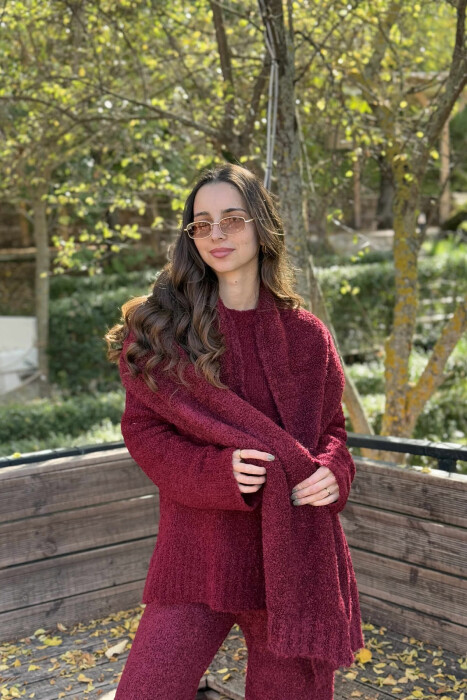SCARF+SWEATER+TROUSERS THREE PIECE KNIT WOMEN SET BURGUNDY/VISHNJE - 3
