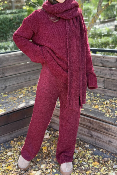 SCARF+SWEATER+TROUSERS THREE PIECE KNIT WOMEN SET BURGUNDY/VISHNJE - 4