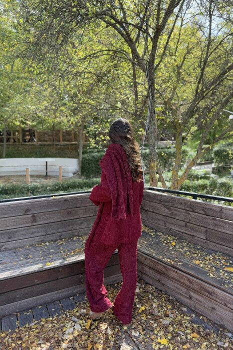 SCARF+SWEATER+TROUSERS THREE PIECE KNIT WOMEN SET BURGUNDY/VISHNJE - 2