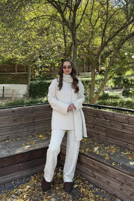 SCARF+SWEATER+TROUSERS THREE PIECE KNIT WOMEN SET CREAM/KREM - KLAUDIO FASHION