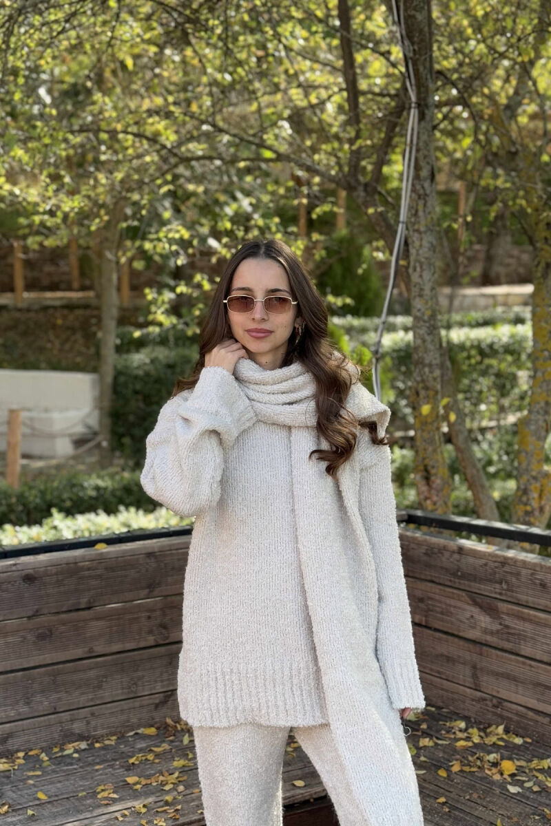 SCARF+SWEATER+TROUSERS THREE PIECE KNIT WOMEN SET CREAM/KREM - 3