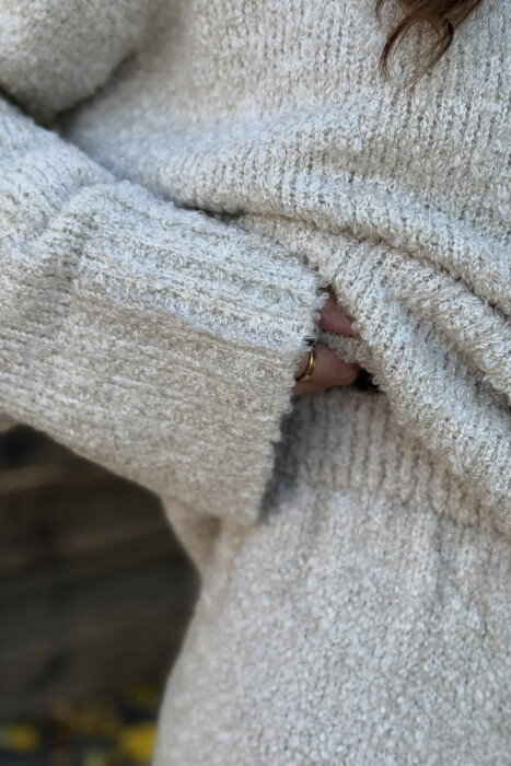 SCARF+SWEATER+TROUSERS THREE PIECE KNIT WOMEN SET CREAM/KREM - 5