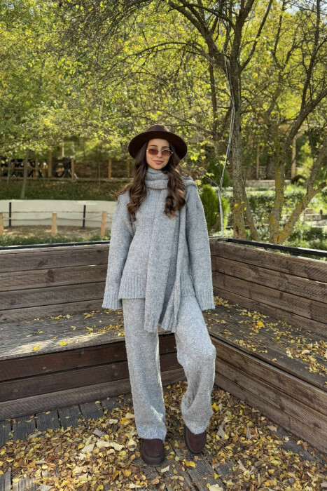 SCARF+SWEATER+TROUSERS THREE PIECE KNIT WOMEN SET GREY/GRI - KLAUDIO FASHION