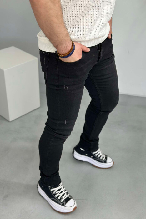 SCRATCHED ONE COLOR MEN JEANS BLACK/ E ZEZE - 2