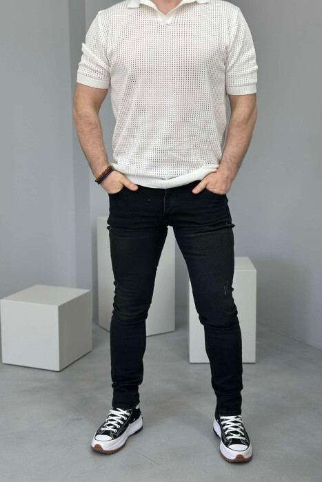 SCRATCHED ONE COLOR MEN JEANS BLACK/ E ZEZE - KLAUDIO FASHION