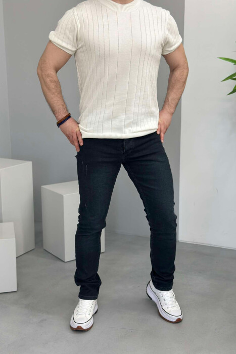 SCRATCHED ONE COLOR SIMPLE MEN JEANS DARK BLUE/BEE - KLAUDIO FASHION