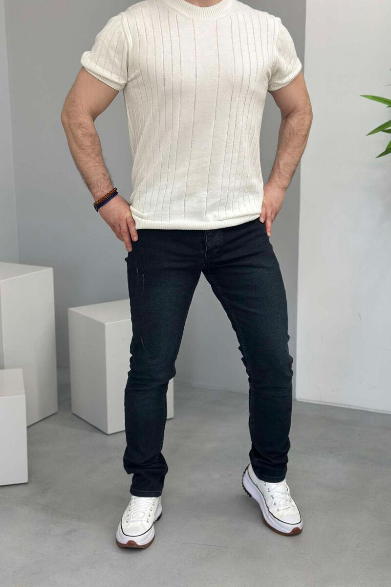 SCRATCHED ONE COLOR SIMPLE MEN JEANS DARK BLUE/BEE - 1