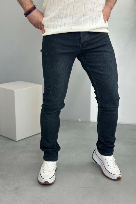 SCRATCHED ONE COLOR SIMPLE MEN JEANS DARK BLUE/BEE - 2