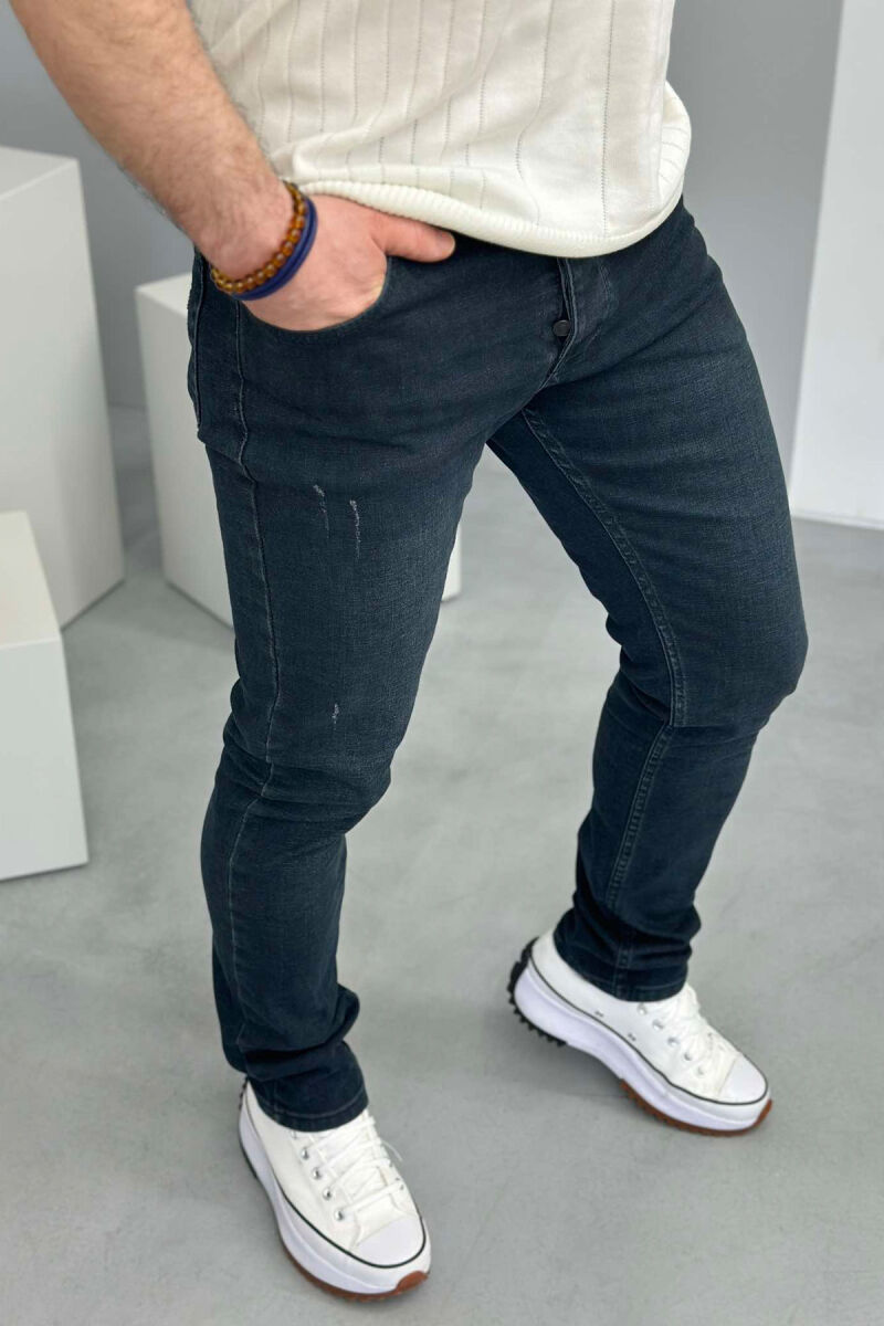 SCRATCHED ONE COLOR SIMPLE MEN JEANS DARK BLUE/BEE - 3