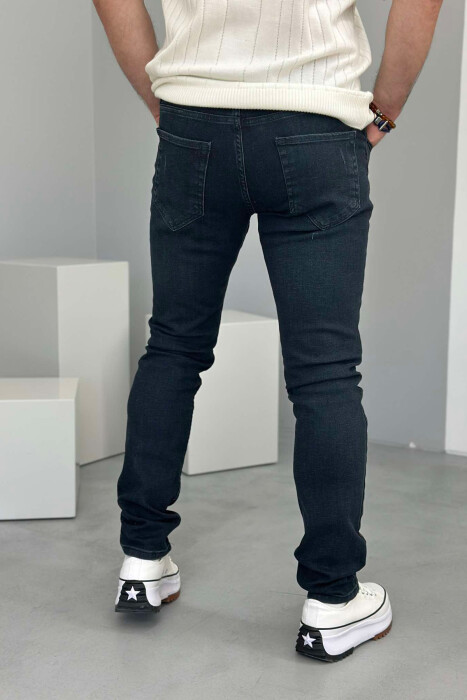 SCRATCHED ONE COLOR SIMPLE MEN JEANS DARK BLUE/BEE - 4