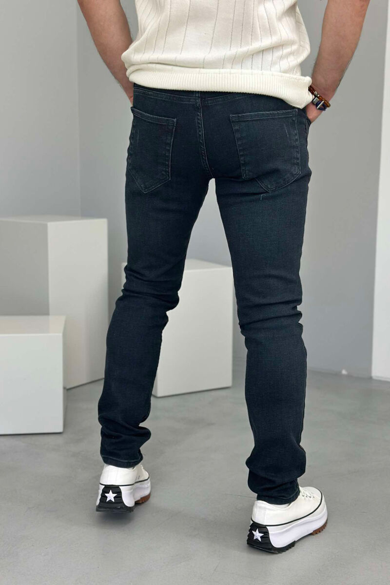 SCRATCHED ONE COLOR SIMPLE MEN JEANS DARK BLUE/BEE - 4