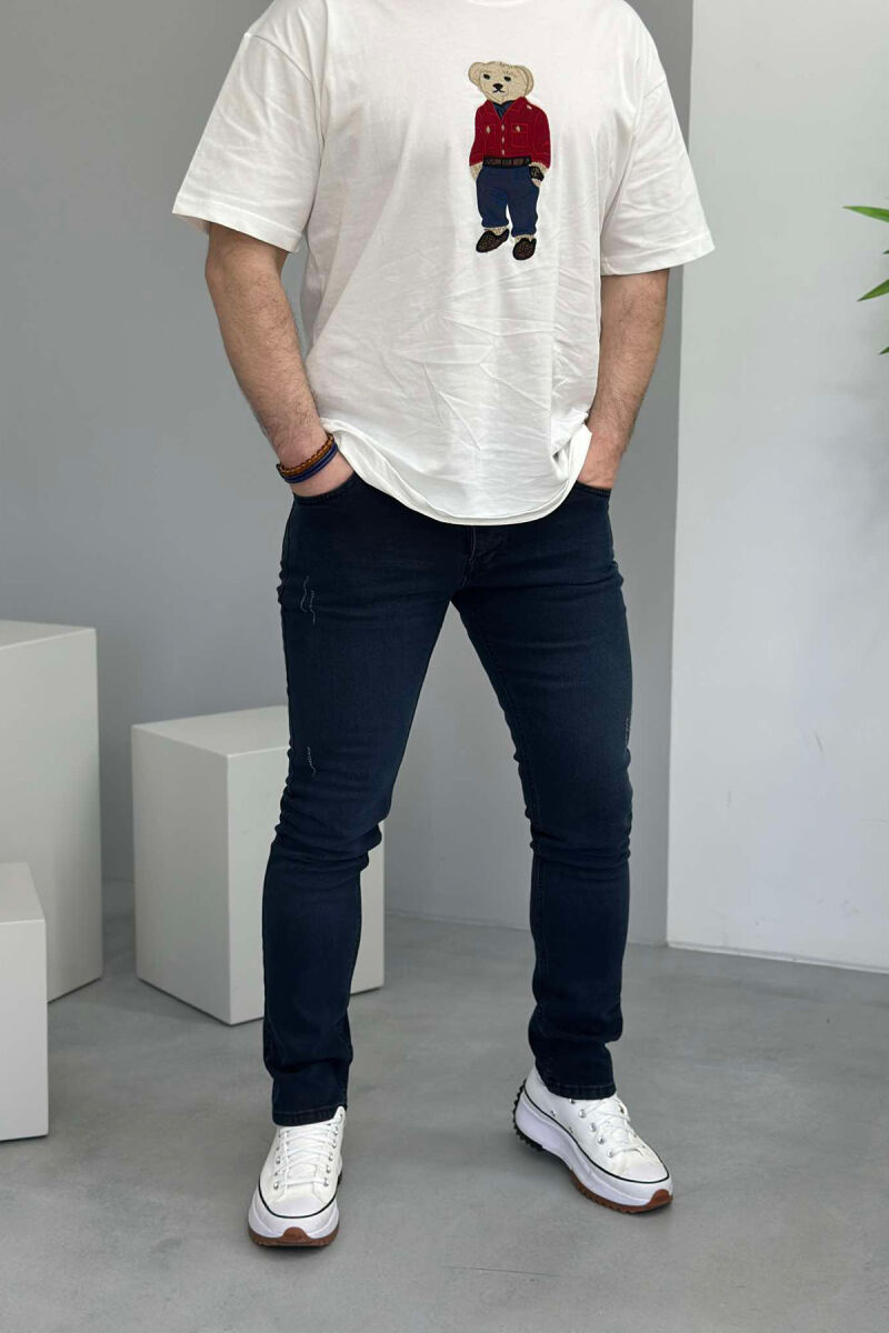 SCRATCHED SIMPLE MEN JEANS DARK BLUE/BEE - 1