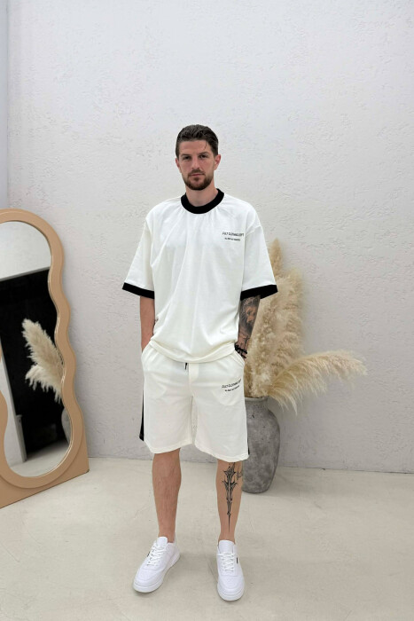 SET T-SHIRT ME SHKRIME + TUTA TE SHKURTRA PER MESHKUJ NE NGJYRE KREM - KLAUDIO FASHION