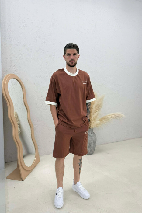 SET T-SHIRT ME SHKRIME + TUTA TE SHKURTRA PER MESHKUJ NE NGJYRE KAFE - 1