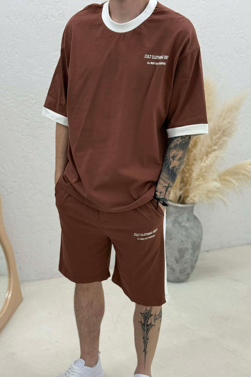 SET T-SHIRT ME SHKRIME + TUTA TE SHKURTRA PER MESHKUJ NE NGJYRE KAFE - 2