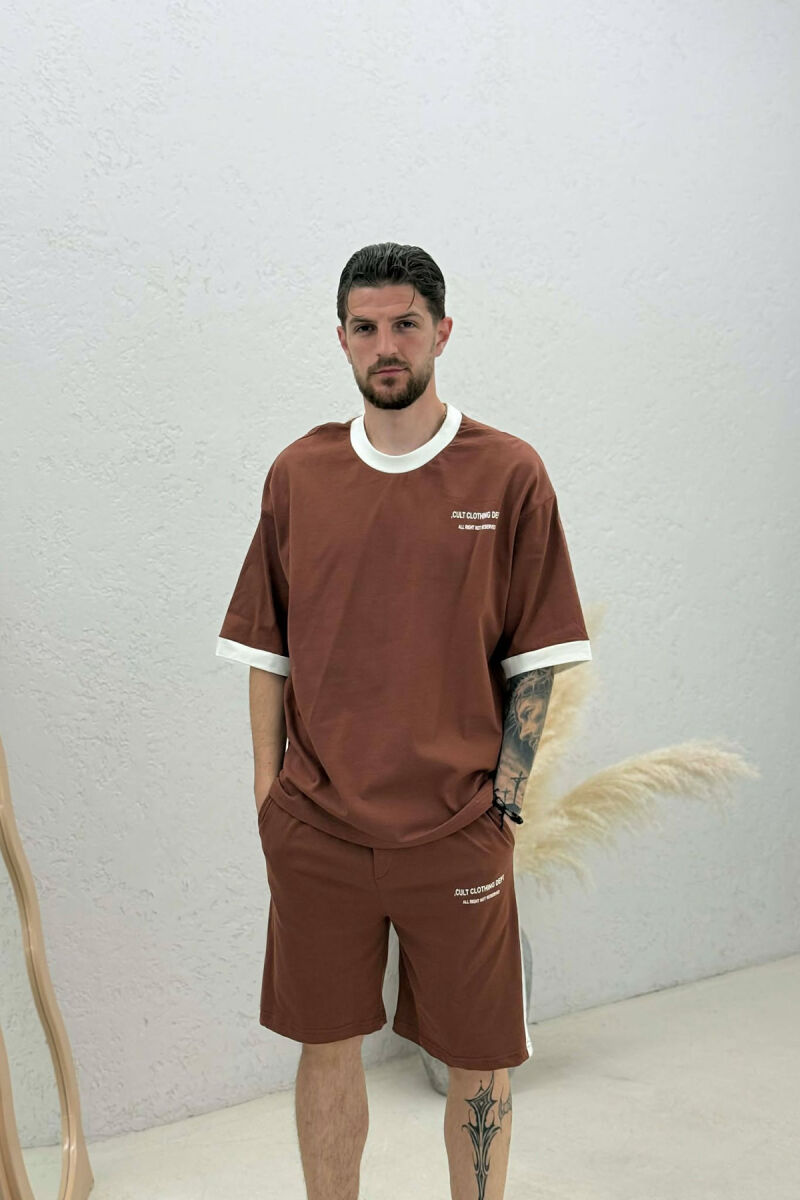 SET T-SHIRT ME SHKRIME + TUTA TE SHKURTRA PER MESHKUJ NE NGJYRE KAFE - 3