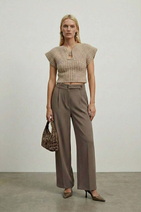SEMI ELASTIC BELT WOMAN TROUSERS DARK BEIGE/BEZHE ERRET 