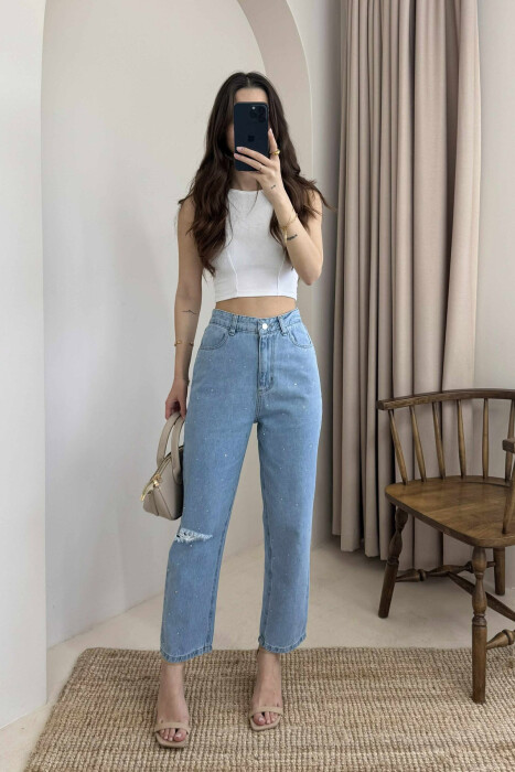 SEMI ELASTIC WAIST DIAMOND DETAILS WOMEN JEANS LIGHTBLUE/BZ - 1