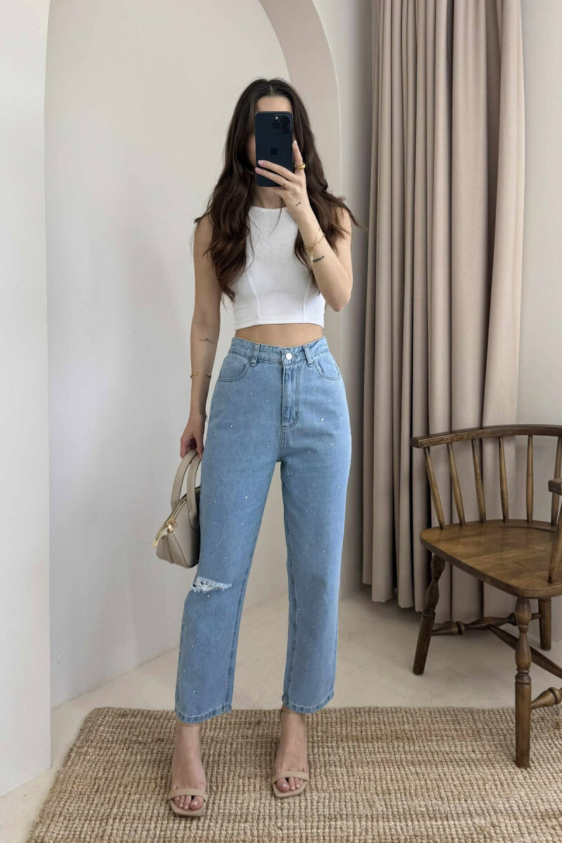 SEMI ELASTIC WAIST DIAMOND DETAILS WOMEN JEANS LIGHTBLUE/BZ - 1