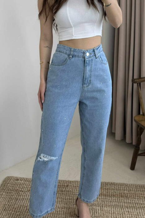 SEMI ELASTIC WAIST DIAMOND DETAILS WOMEN JEANS LIGHTBLUE/BZ - 2